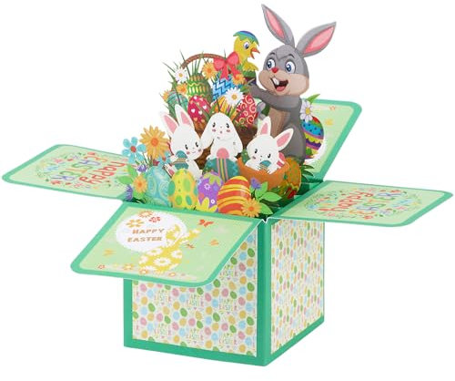 BOFUNX 3D Osterkarte Pop up Karte Ostern Grußkarte Happy Easter Osterhasen Ostereier Blumen Ostern Geschenkkarte mit Umschlag Karte für Kinder