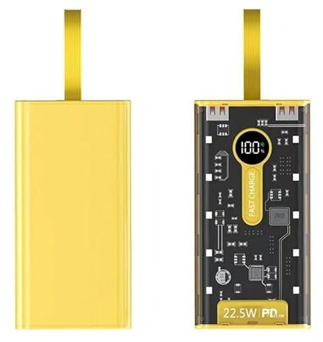External Battery Transparent Yellow Quick Charge 22.5W, powerbank 20000mAh
