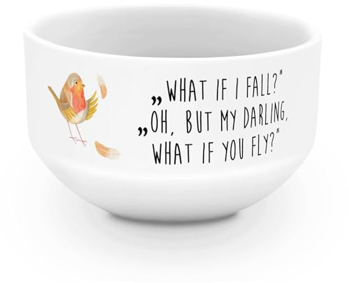 Mr. & Mrs. Panda Müslischale Rotkehlchen Federn - Geschenk, Motivation Sprüche, lustige Sprüche, Tiere, Tiermotive, Vogel, Porzellan Schale, Keramik