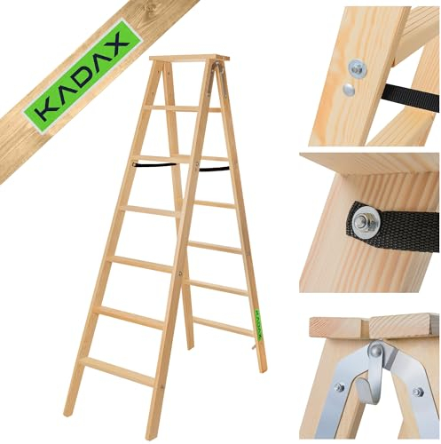 KADAX Scala in Legno da Pittore, Pieghevole a Doppio Gradino Con Ganci in Acciaio - 7 Gradini