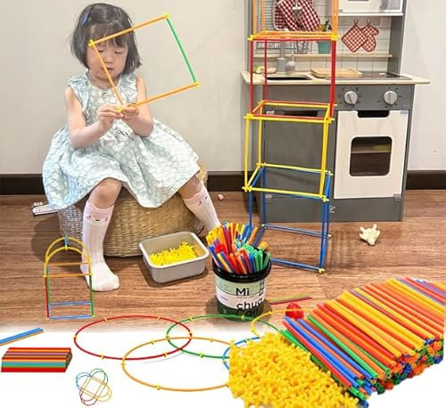 SQAQS Kids Fort Building Kit - 500PCS, Construction Toys for 5+ Years Old Boys & Girls, Building Kit - Fort, Play House, DIY, Straw Block, Straw
