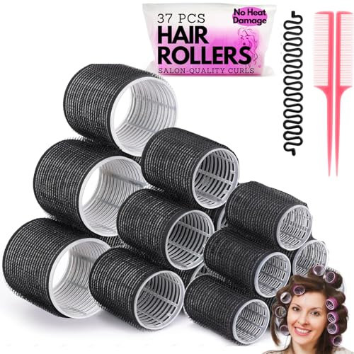 Yes Cart 37 Pcs Hair Rollers With Clips - 18 Rollers For Volume (48+36+25mm), Short Hair & Long Hair, 12 Clips, 2 Combs, 1 Braid Device, Black
