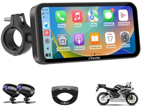 Carpuride W603D Motorcycle GPS Carplay Screen, Wireless CarPlay & Android Auto for Moto, with HD 1080P Dual Cameras, Remote Control,6.3 Waterproof Touchscreen, BT Aduio, Loop Recording, Navigation