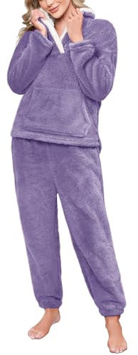 CMTOP Pigiama Donna Invernale Caldo Pigiama in Pile Due Pezzi Felpato Pigiama da Casa con Tasche e Pantalone Lungo da Notte Lounge Sleepwear Sets Morbido e Soffice(Viola, M)