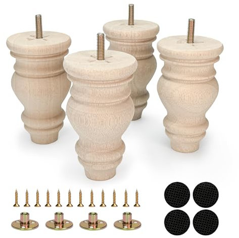 Crawopft 5 Inch Wooden Furniture Legs, Set of 4 Replacement Solid Wood Unfinished Round Furniture Bun Feet for Couch Chair Sofa Dresser Desk Table Cabinet Bed Bookcase