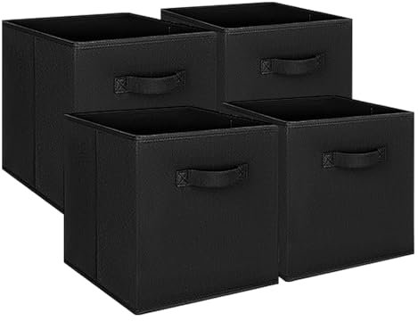 LN COZY CORNER 4PCS Foldable Cube Storage Boxes with Handles, 27x27x28cm Fabric Organiser Baskets for Home, Office, Nursery, and Closet Organisation Black
