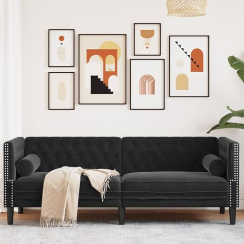 Rantry Chesterfield-Sofa mit Verstärkungen, 3-Sitzer, schwarz, aus Samt, für den Garten, Bett, Sofa, für Terrasse und Außenbereich