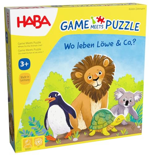 HABA Game Meets Puzzle – Wo Leben Löwe & Co.? – Würfelspiel & Puzzle in einem – 4 Puzzles mit 4 großen Tier-Holzfiguren – ab 3 Jahren – 2011724001