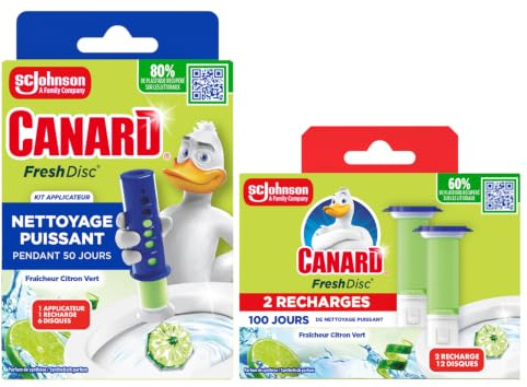 Canard Fresh Disc Fraîcheur Citron Vert Kit Applicateur + 3 Recharges | Bloc WC sans cage offrant une fraîcheur continue et une durée jusqu'à 3 fois supérieure à un bloc classique