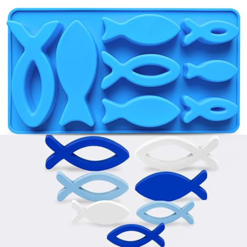 QIMMU Silikonform Fisch,Silikonformen Gießformen Fische,8 Gitter Fisch Silikonform Kommunion,Silikon Gießform Kommunion für Streudeko,Kerze,Seife,Taufe Konfirmation Deko