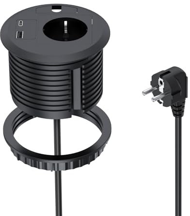 Prise encastrable avec USB, prise escamotable avec 1 port USB-A, 1 USB-C pour plan de travail de cuisine, câble de 2 m de diamètre 80 mm, noir