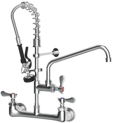 NETISR Handelsübliche Armatur mit Sprüher, Messing-Chrom, Wandhalterung, Restaurant-Küchenspüle, 63,5 cm Höhe, 20,3 cm Mitte mit Spiralfeder, Vorspülsprüher, 30,5 cm Auslauf und 45,7 cm Schlauch (63,5