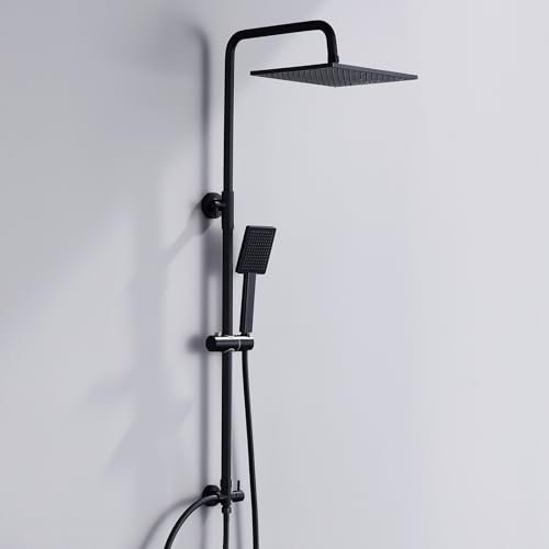 DERW Adjustable Shower Riser Rail Kit with 10 Square Rainfall Shower Head, Handheld Shower with Rotating Bracket, Shower Set Without Tap, Anti-Leak Hose,Easy Install, Suitable for Bathrooms(Black)