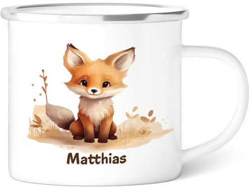 GRAVURZEILE Emaille Tasse für Kinder - Tiere Fuchs - Personalisiert mit Namen - versch. Tiermotive zur Auswahl - 300 ml - Trinkbecher für Kinder - Geschenk für Jungen & Mädchen