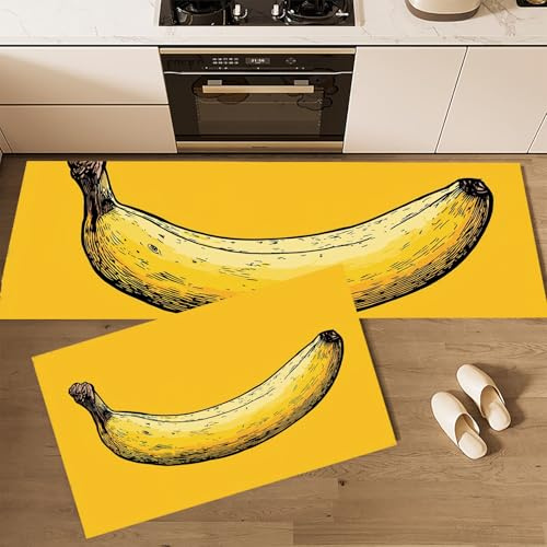 MLSOWM Küchenläufer rutschfest 2 Stück, Küchenteppich Gelbe Banane Waschbar KüchenmattenHandgezeichnete Früchte, Teppich Läufer Flur für Küche, Terrasse & Wohnraum, 40x60cm+40x120cm Gelb