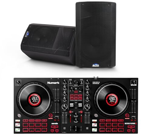 Numark Mixtrack Platinum FX DJ Controller and ALTO TX410 Powered PA Speakers Pair for Live Music, DJ sets, Events, Music production