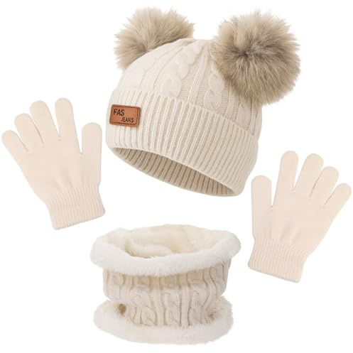 Utensilsto Wintermütze Schal Handschuhe Set für Kinder Jungen Mädchen,Strickmütze Beanie Hut Loop Schal Handschuhe Warme Winter Bekleidung(Beige)