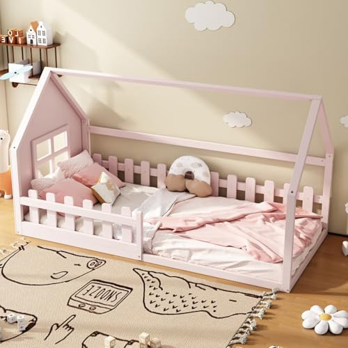 EURHCIO Lit Au Sol Enfant 90x200cm,Lit Cabane Enfants Montessori avec Design Cabine Distinctif,Barrières Hautes,Sommier à Lattes Solide,pour Enfants,Pin (B-Rose, 90x200)