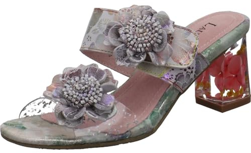 Laura Vita Lucieo 32 Damen Pantolette aus Echtleder in Beige mit Blumen und Blockabsatz wie Glas. beige