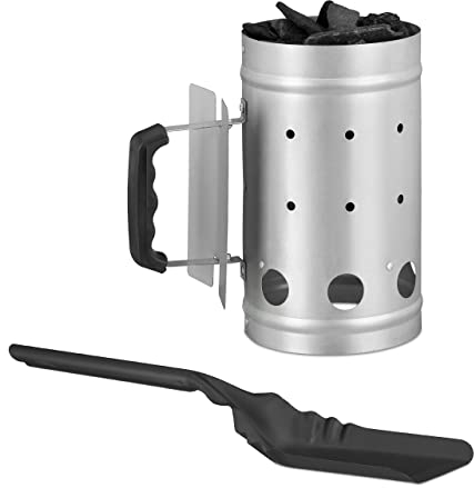 Relaxdays 2 teiliges Grill-Set, Anzündkamin aus Stahl, Kohlenschaufel flach, Grillkohleanzünder für BBQ, Ascheschaufel schwarz