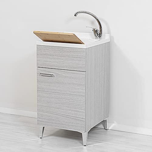Mobile lavatoio salvaspazio 45x50, 1 Anta con Vasca in Resina, Completo di ASSE lavapanni e Kit di Scarico