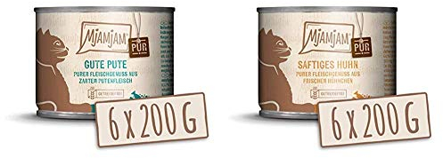 MjAMjAM - Premium Nassfutter für Katzen - Pute pur, 6er Pack (6 x 200 g), getreidefrei mit extra viel Fleisch & Premium Nassfutter für Katzen - purer Fleischgenuss
