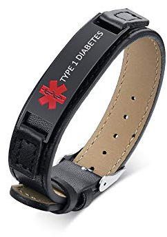XUANPAI Personalisierte Benutzerdefinierte Edelstahl Notfall Medical Alert Echtes Leder Einstellbar Identifikation Armband Armband Für Männer Frauen (TYPE 1 DIABETES)
