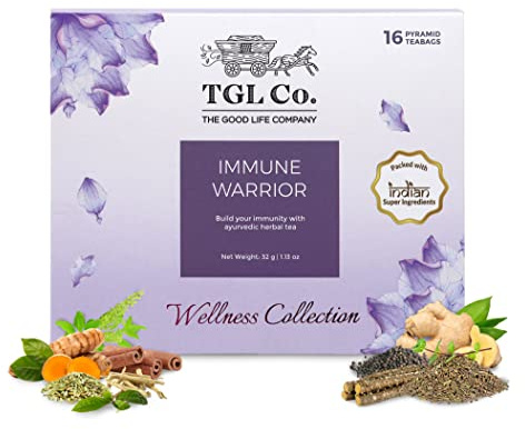 TGL Immune Warrior Green Tea 16 Tea Bag Ayurvedic Herbal Tea with Green Tea, Amla, Tulsi, Giloy, Cinnamon, Ginger, Peppermint, Fennel Seeds