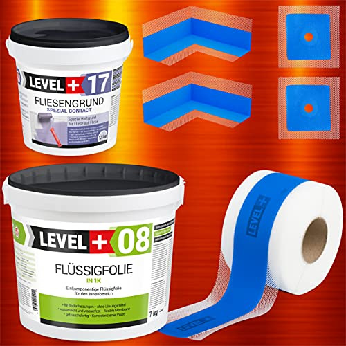 Dicht-Set 7Kg Flüssigfolie, 1,5kg Fliesengrund, 5m Dichtband, 2 Innenecken, 2 Wandmanschetten, Dusche, Bad, SET333