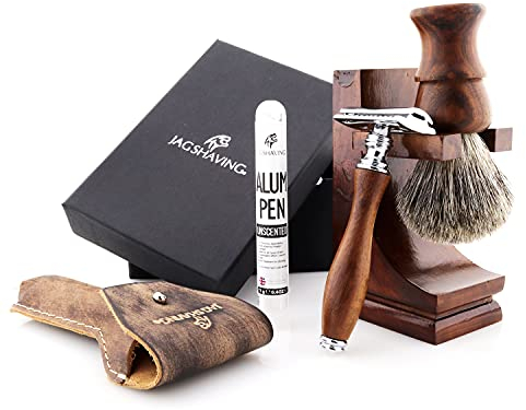Jag Shaving Rasierset - Nachhaltige 4-teiliges Rasierset aus Holz - Super Dachshaar Rasierpinsel - doppelkante Rasierklingen Rasierhobel - Rasierständer - Ledertasche für Rasierhobel