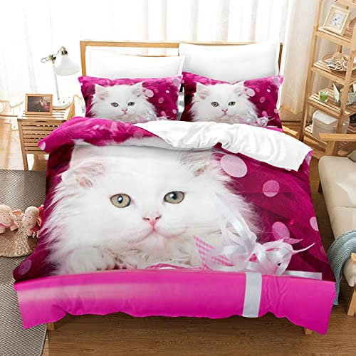 MIQEBX Nettes Katze Bettwäsche Set 220x240cm für Mädchen Jungen Kinder 3D Haustier Katze Mikrofaser Rosa Bettbezug Set Lustige tierbedruckte Betten Set Kinderzimmer Dekor