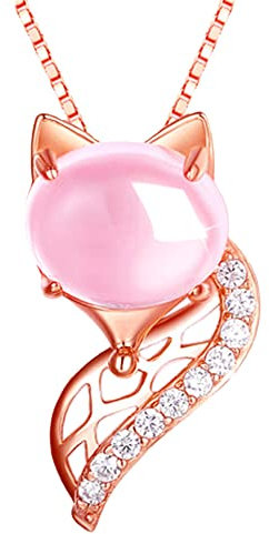 HCMA Trendy 925 Collana di Gioielli in Oro Rosa Quarzo Rosa Rosa Ciondolo a Forma di Volpe per Le Donne Regali di Anniversario di Matrimonio per Feste