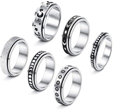 JeweBella 6 Stück Ring Damen Set Hypoallergen Edelstahl Ring Blume Moon Star Ringe Band Ringe für Frauen Männer Größe 49-62