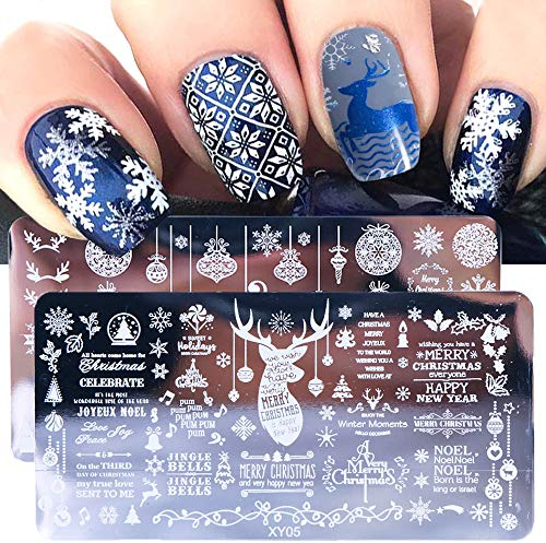 Lot de 5 pochoirs à ongles de Noël - Plaque de tampon d'hiver pour manucure et nail art
