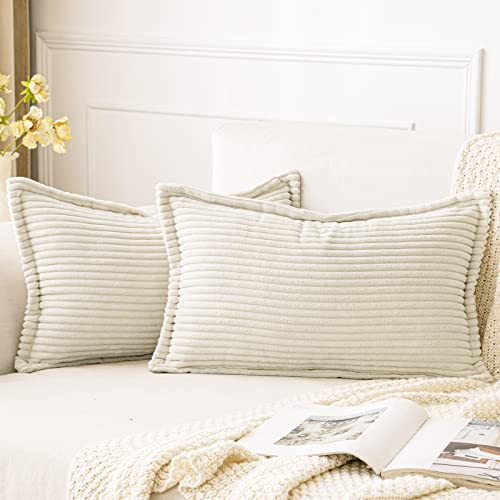 MIULEE Kordsamt Kissenbezug Weiche Kissenhülle Dekorative Sofakissen Quadratische Dekokissen Moderne Zierkissenbezug Gestreifte Kissenbezüge für Schlafzimmer 2 Stück 40x60 cm, Creme