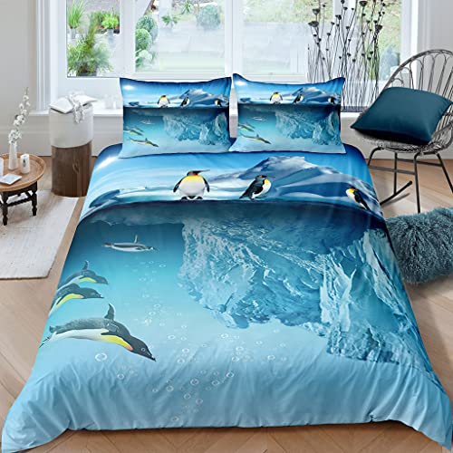 XPINGO Kinder Bettwäsche Pinguin 135x200 cm 2teilig Jungen und Mädchen 100% Mikrofaser Sommer Weiche Winter Warm Bettbezüge 3D Winter Thema Bettbezug mit Kissenbezüge 80x80 cm