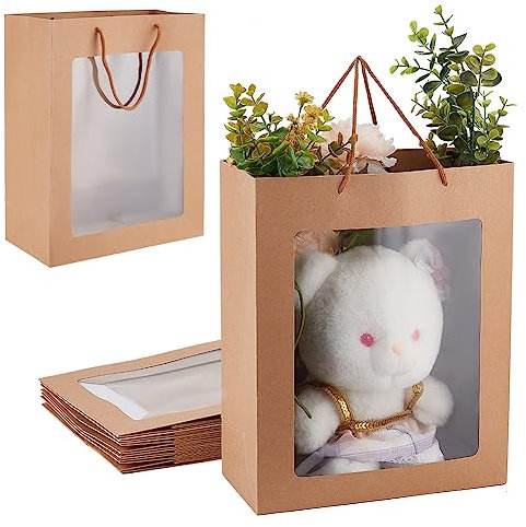 BENECREAT Confezione da 8 Buste Regalo con Finestra Trasparente, Sacchetti per La Spesa in Carta Kraft con Manico per Compleanno, Festa di Nozze, Anniversario,32x26x0.55cm