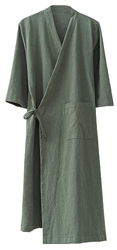 MOLUCI Herren Damen Baumwoll-Leinen-Bademantel für Paare im Japanischen Stil Saugfähiger Schnell Trocknender Kimono-Yukata-Saunamantel,Grün,L