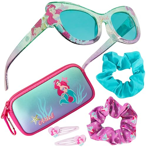 Disney Occhiali da Sole Bambina Protezione UV con Borsette e Accessori Capelli Set - Regalo per Ragazze (Rosa/Blu Ariel)