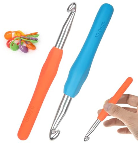 Aeeque 9,0 mm, 10,0 mm Häkelnadel, 2 Stücke Häkelnadel Set, Aluminium Häkelnadeln mit Gummigriff, Leicht TPR Häkelnadeln für Arthritis, Bunt Häkelnadel Metal zum Häkeln Schal, Pullover, Mützen, Kissen