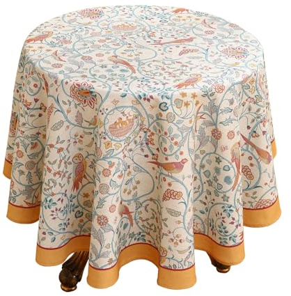 patdrea Designer-Tischdecke im Vintage-Stil für runde Tische, gelb, Leinen, florales Vogelmuster, dekorative Tischdecke für Küche, Esszimmer, Urlaub, Bankett, Weihnachten, Erntedankfest, Durchmesser