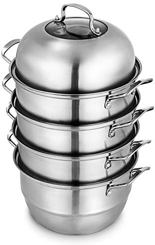 VEVOR Dampfkocher Stapelbar Dampfkochtopf Durchmesser 28,5 cm Dampfgarer Edelstahl 5 Etagen mit Glasdeckel, Rostfrei Dampfgarer Edelstahl Kartoffeldämpfer 22 x 28 x 15,5 cm