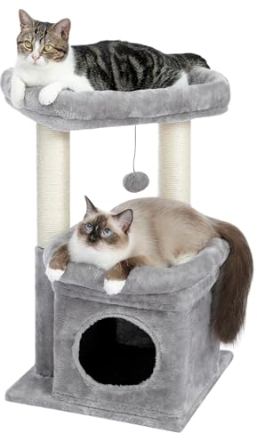 PAWZ Road Kleiner Katzenbaum, mehrstöckiger Katzenturm mit Sisal-überzogenem Kratzbaum, gemütlicher Katzenwohnung und großer Katzensitzstange für Hauskatzen, Grau
