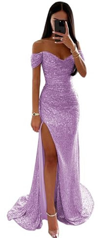 Abiti da ballo di fine anno con paillettes scintillanti vestito donna abiti lunghi sirena damigella d'onore senza spalle formali abiti da sera con fessura, lilla, M