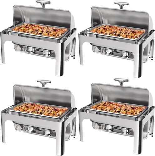 QTQHOME 9QT Food Warmer, Rectangular Chafing Dish Buffet Set with Visible Roll Top Food Tray Water Tra Fuel Rack for Weddings Parties Banquets Dining Events, Four