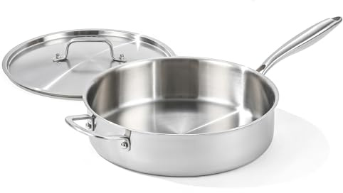 DELARLO Tri-Ply Stainless Steel 5QT Saute Pan with Steel cover Large Skillet Deep Frying Pan