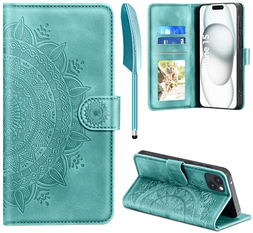 EASDNB Lederhülle für iPhone 15: Flip Wallet PU Leder Case [Kartenfach] [Magnet] [Ständer] Prägung Klapphülle Schutzhülle für iPhone 15, Grün