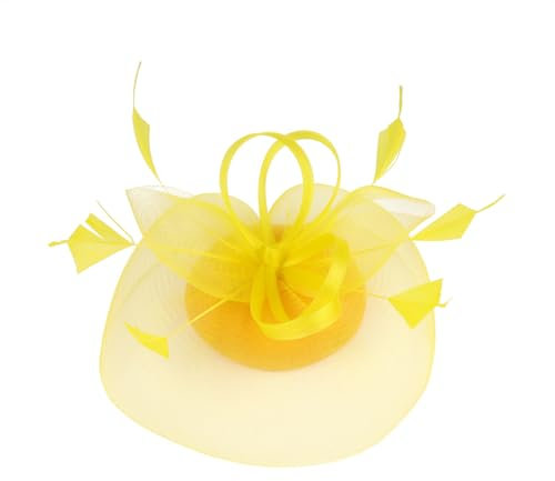 HIQIU Fascinators Hut für Damen Blume Mesh Federn Tüll Bräute Kopfschmuck Haarschmuck mit Stirnband und Clip für Cocktail Tea Party Hochzeit Kirche (DE/NL/SE/PL, Alphanumerisch, Einheitsgröße, Gelb)