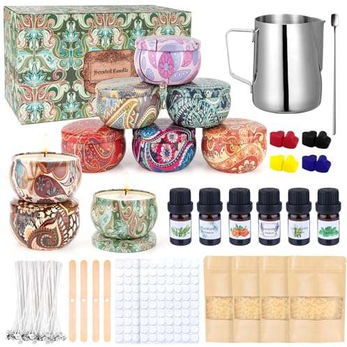 Kerzen Selber Machen Set, Candle Making Kit Kerzenset zum Selbstmachen, DIY Kerzenherstellung Kit Kerzen Duftkerzen Kreativ Geschenke mit 480g Sojawachs,9 Dosen,6 Duftöl,8 Farbblöcken,100 Candle Wick