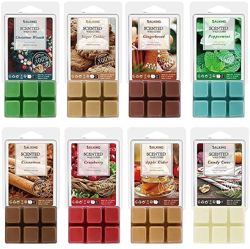 Winter Scented Wax Melts, Christmas Soy Wax Melts, Holiday Scent Wax Cubes/Tarts for Burner - Christmas Wreath,Gingerbread,Sugar Cookie,Peppermint,Cinnamon,Cranberry,Apple Cider,Candy Cane, 8x75g
